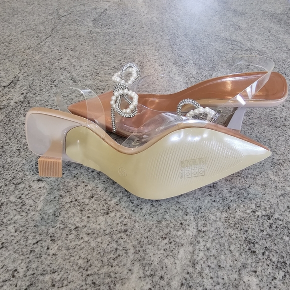 Nude/Clear Pointed Sling Back Kitten Heels with Pearl & Crystal Bow - Picture 7 of 7